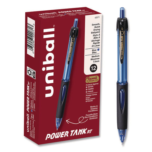 Image of uniball® Power Tank RT Ballpoint Pen, Retractable, Bold 1 mm, Blue Ink, Translucent Blue/Black Barrel, Dozen