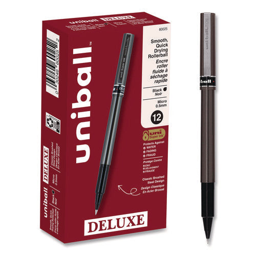 Image of uniball® Deluxe Rollerball Pen, Stick, Extra-Fine 0.5 mm, Black Ink, Metallic Gray/Black Barrel, Dozen