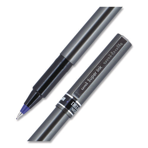 Image of uniball® Deluxe Rollerball Pen, Stick, Extra-Fine 0.5 mm, Blue Ink, Metallic Gray/Black/Blue Barrel, Dozen