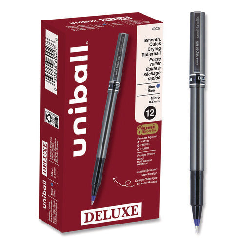 Image of uniball® Deluxe Rollerball Pen, Stick, Extra-Fine 0.5 mm, Blue Ink, Metallic Gray/Black/Blue Barrel, Dozen