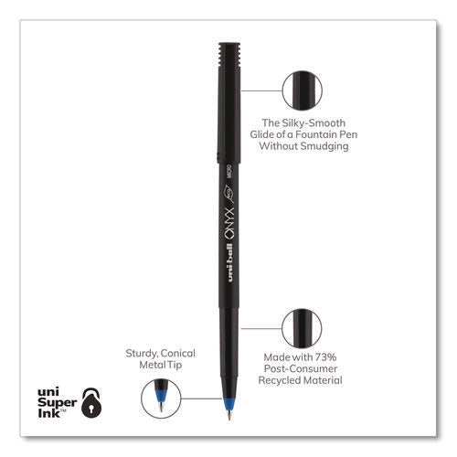 Image of uniball® ONYX Rollerball Pen, Stick, Extra-Fine 0.5 mm, Blue Ink, Black/Blue Barrel, Dozen