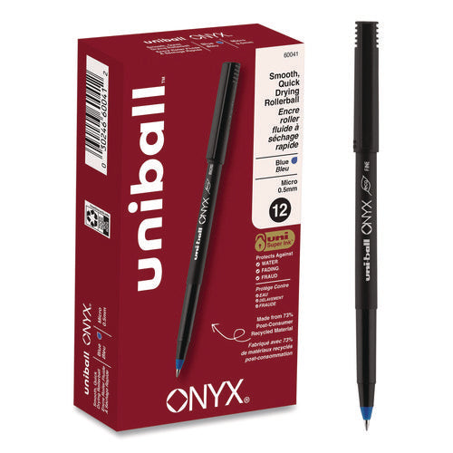 Image of uniball® ONYX Rollerball Pen, Stick, Extra-Fine 0.5 mm, Blue Ink, Black/Blue Barrel, Dozen