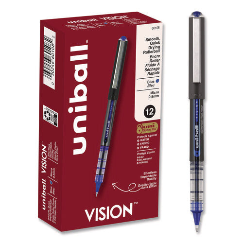 Image of uniball® VISION Rollerball Pen, Stick, Extra-Fine 0.5 mm, Blue Ink, Gray/Blue/Clear Barrel, Dozen
