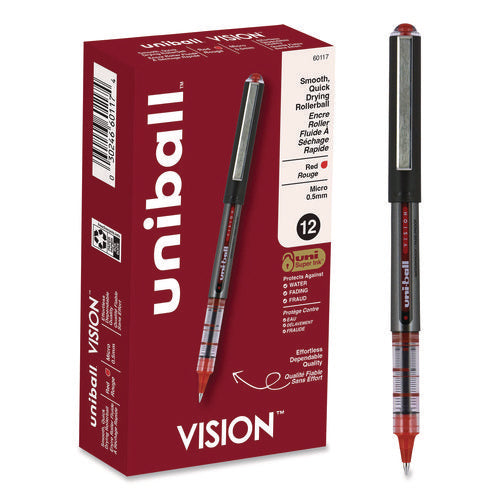 Image of uniball® VISION Rollerball Pen, Stick, Extra-Fine 0.5 mm, Red Ink, Gray/Red/Clear Barrel, Dozen