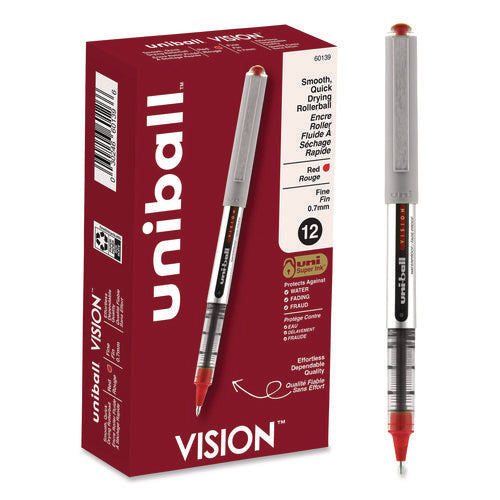 Image of uniball® VISION Rollerball Pen, Stick, Fine 0.7 mm, Red Ink, Silver/Red/Clear Barrel, Dozen