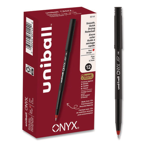 Image of uniball® ONYX Rollerball Pen, Stick, Fine 0.7 mm, Red Ink, Black/Red Barrel, Dozen