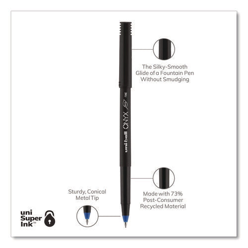 Image of uniball® ONYX Rollerball Pen, Stick, Fine 0.7 mm, Blue Ink, Black/Blue Barrel, Dozen