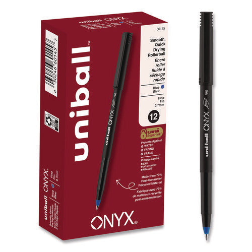 Image of uniball® ONYX Rollerball Pen, Stick, Fine 0.7 mm, Blue Ink, Black/Blue Barrel, Dozen