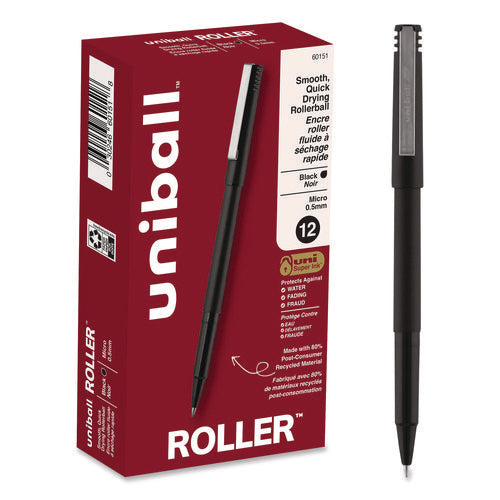 Image of uniball® Rollerball Pen, Stick, Extra-Fine 0.5 mm, Black Ink, Black Barrel, Dozen