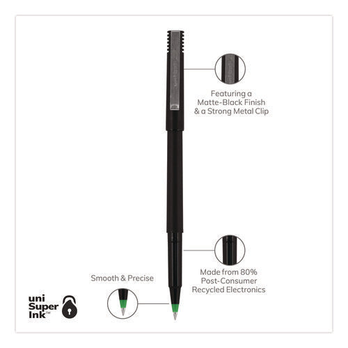 Image of uniball® Rollerball Pen, Stick, Extra-Fine 0.5 mm, Green Ink, Black/Green Barrel, Dozen