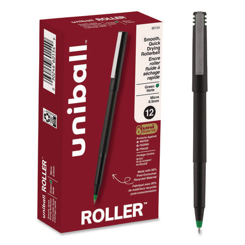Image of uniball® Rollerball Pen, Stick, Extra-Fine 0.5 mm, Green Ink, Black/Green Barrel, Dozen