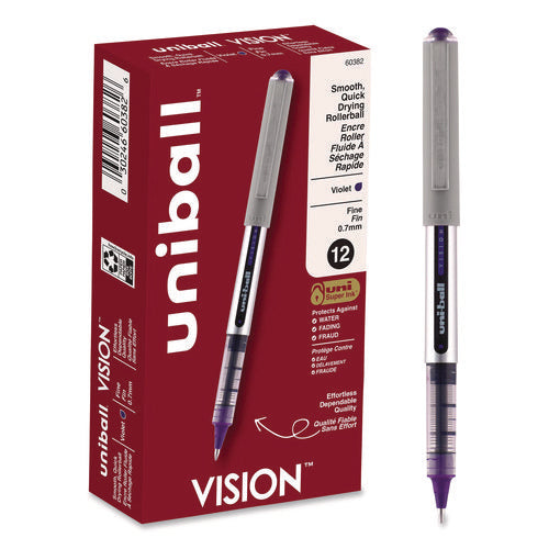 Image of uniball® VISION Rollerball Pen, Stick, Fine 0.7 mm, Violet Ink, Silver/Violet/Clear Barrel, Dozen