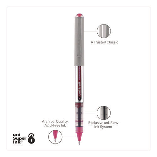 Image of uniball® VISION Rollerball Pen, Stick, Fine 0.7 mm, Pink Ink, Silver/Pink/Clear Barrel, Dozen
