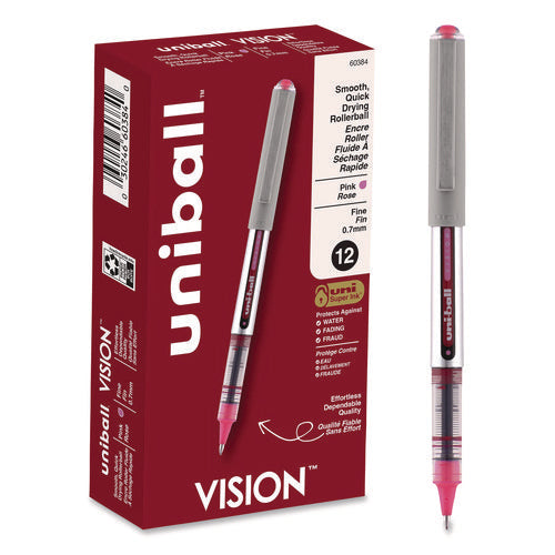 Image of uniball® VISION Rollerball Pen, Stick, Fine 0.7 mm, Pink Ink, Silver/Pink/Clear Barrel, Dozen