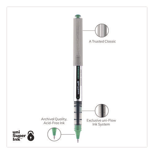 Image of uniball® VISION Rollerball Pen, Stick, Fine 0.7 mm, Green Ink, Silver/Green/Clear Barrel, Dozen