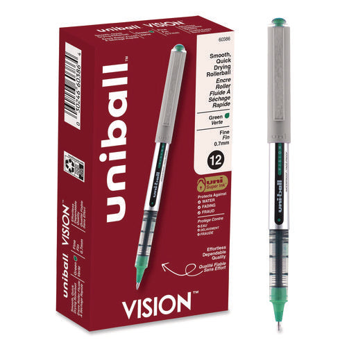 Image of uniball® VISION Rollerball Pen, Stick, Fine 0.7 mm, Green Ink, Silver/Green/Clear Barrel, Dozen
