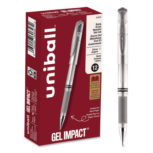 Image of uniball® Impact Gel Pen, Stick, Medium 1 Mm, Silver Metallic Ink, Silver Barrel