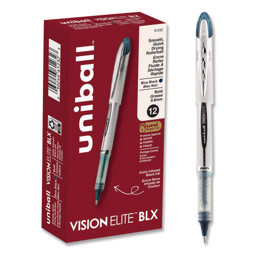 Image of uniball® VISION ELITE BLX Series Hybrid Gel Pen, Stick, Bold 0.8 mm, Blue-Infused Black Ink, White/Blue/Clear Barrel