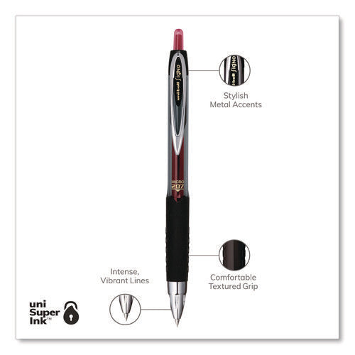 Image of uniball® Signo 207 Gel Pen, Retractable, Fine 0.5 mm, Red Ink, Smoke/Black/Red Barrel, Dozen
