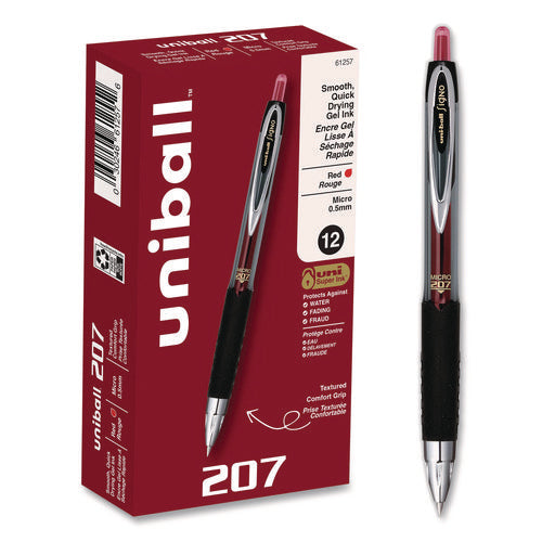 Image of uniball® Signo 207 Gel Pen, Retractable, Fine 0.5 mm, Red Ink, Smoke/Black/Red Barrel, Dozen