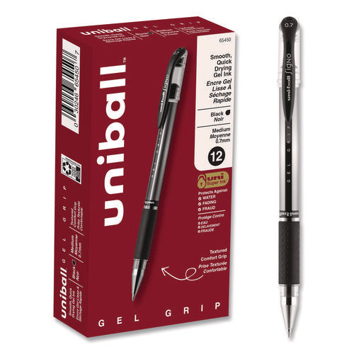 Image of uniball® Signo GRIP Gel Pen, Stick, Medium 0.7 mm, Black Ink, Clear/Black/Silver Barrel, Dozen