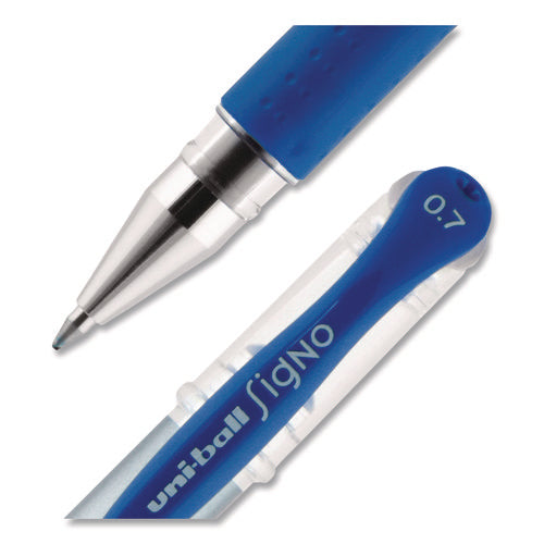 Image of uniball® Signo GRIP Gel Pen, Stick, Medium 0.7 mm, Blue Ink, Clear/Blue/Silver Barrel, Dozen
