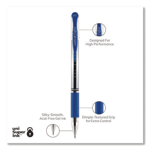 Image of uniball® Signo GRIP Gel Pen, Stick, Medium 0.7 mm, Blue Ink, Clear/Blue/Silver Barrel, Dozen