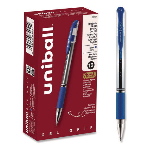 Image of uniball® Signo GRIP Gel Pen, Stick, Medium 0.7 mm, Blue Ink, Clear/Blue/Silver Barrel, Dozen