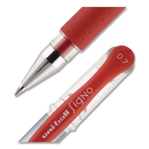 Image of uniball® Signo GRIP Gel Pen, Stick, Medium 0.7 mm, Red Ink, Clear/Red/Silver Barrel, Dozen