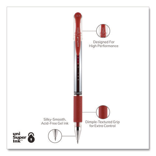 Image of uniball® Signo GRIP Gel Pen, Stick, Medium 0.7 mm, Red Ink, Clear/Red/Silver Barrel, Dozen