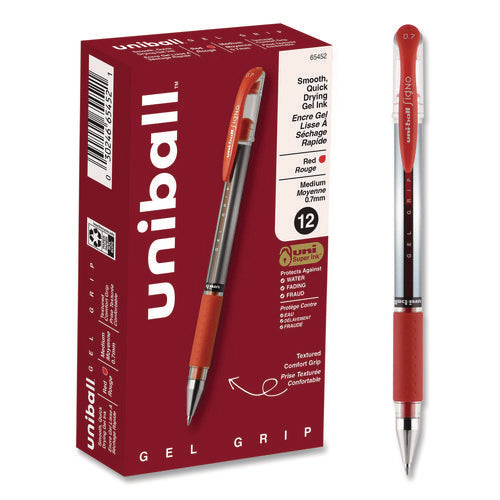 Image of uniball® Signo GRIP Gel Pen, Stick, Medium 0.7 mm, Red Ink, Clear/Red/Silver Barrel, Dozen