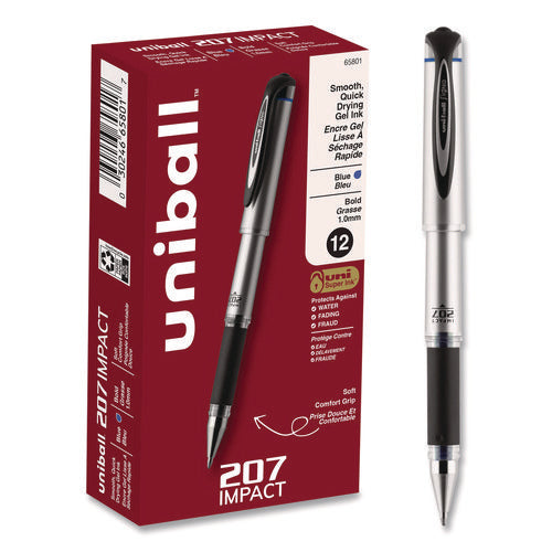 Image of uniball® 207 Impact Gel Pen, Stick, Bold 1 mm, Blue Ink, Silver/Black/Blue Barrel