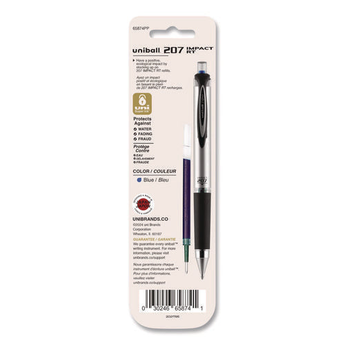 Image of uniball® 207 Impact RT Gel Retractable Pen Refills, Bold 1 mm Conical Tip, Blue Ink, 2/Pack