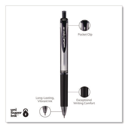 Image of uniball® Signo Gel Pen, Retractable, Medium 0.7 mm, Black Ink, Silver/Black Barrel, Dozen
