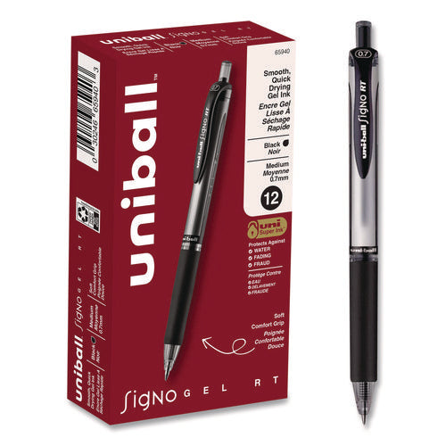 Image of uniball® Signo Gel Pen, Retractable, Medium 0.7 mm, Black Ink, Silver/Black Barrel, Dozen