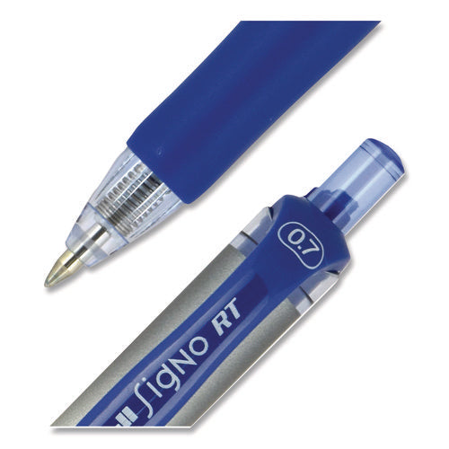 Image of uniball® Signo Gel Pen, Retractable, Medium 0.7 mm, Blue Ink, Silver/Blue Barrel, Dozen