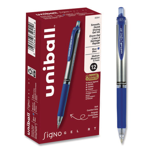 Image of uniball® Signo Gel Pen, Retractable, Medium 0.7 mm, Blue Ink, Silver/Blue Barrel, Dozen