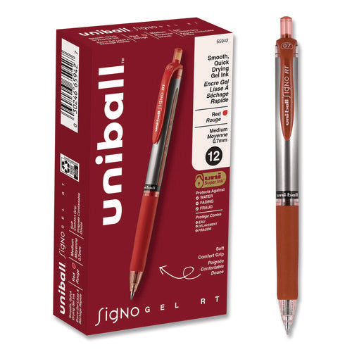 Image of uniball® Signo Gel Pen, Retractable, Medium 0.7 mm, Red Ink, Silver/Red Barrel, Dozen