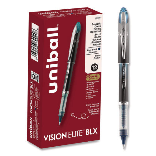 Image of uniball® VISION ELITE BLX Series Hybrid Gel Pen, Stick, Extra-Fine 0.5 mm, Blue-Infused Black Ink, Gray/Blue/Clear Barrel