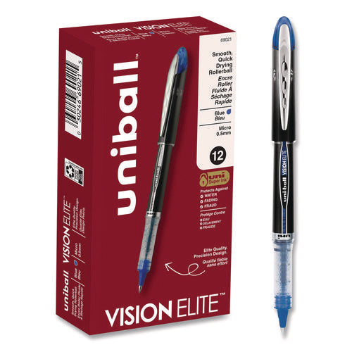 Image of uniball® VISION ELITE Hybrid Gel Pen, Stick, Extra-Fine 0.5 mm, Blue Ink, Black/Blue/Clear Barrel