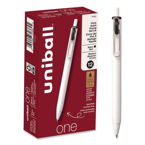Image of uniball® uniONE Gel Pen, Retractable, Medium 0.7 mm, Black Ink, White/Black Barrel, Dozen