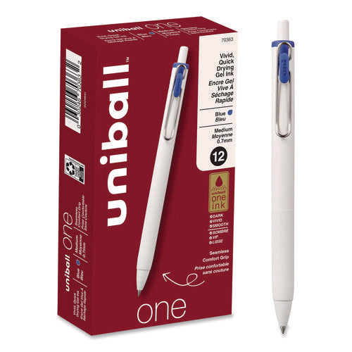 Image of uniball® uniONE Gel Pen, Retractable, Medium 0.7 mm, Blue Ink, White/Blue Barrel, Dozen