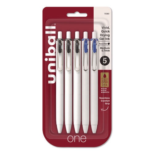 Image of uniball® uniONE Gel Pen, Retractable, Medium 0.7 mm, Assorted Business Ink and Barrel Colors, 5/Pack