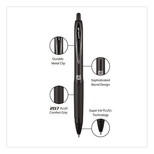 Image of uniball® 207 Plus+ Gel Pen, Retractable, Medium 0.7 mm, Black Ink, Black Barrel, Dozen