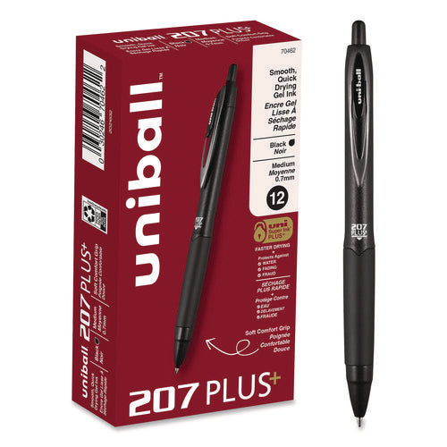 Image of uniball® 207 Plus+ Gel Pen, Retractable, Medium 0.7 mm, Black Ink, Black Barrel, Dozen