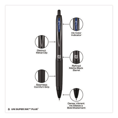 Image of uniball® 207 Plus+ Gel Pen, Retractable, Medium 0.7 mm, Blue Ink, Black Barrel, Dozen