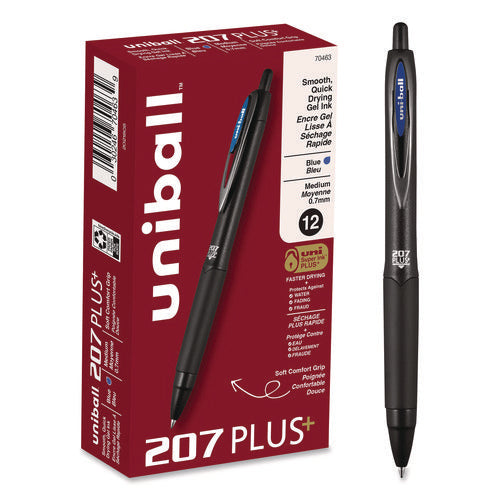 Image of uniball® 207 Plus+ Gel Pen, Retractable, Medium 0.7 mm, Blue Ink, Black Barrel, Dozen