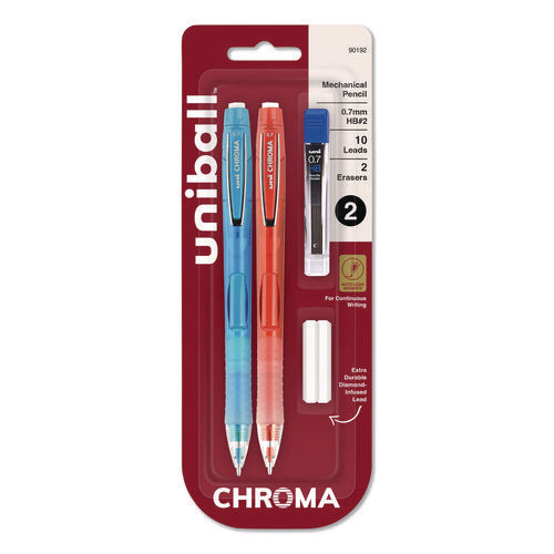 Image of uniball® Chroma Mechanical Pencils with Tube of Lead/Erasers, 0.7 mm, HB (#2), Black Lead, Assorted Barrel Colors, 2/Pack