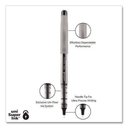 Image of uniball® VISION Needle Rollerball Pen, Stick, Fine 0.7 mm, Black Ink, Gray/Clear/Black Barrel, Dozen