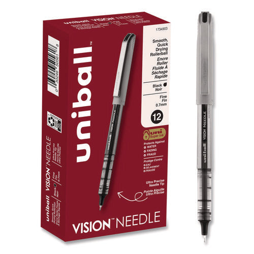 Image of uniball® VISION Needle Rollerball Pen, Stick, Fine 0.7 mm, Black Ink, Gray/Clear/Black Barrel, Dozen